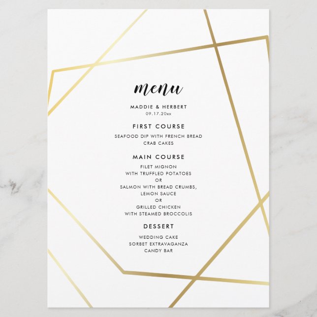 Modern geometric gold frame wedding menu (Front)