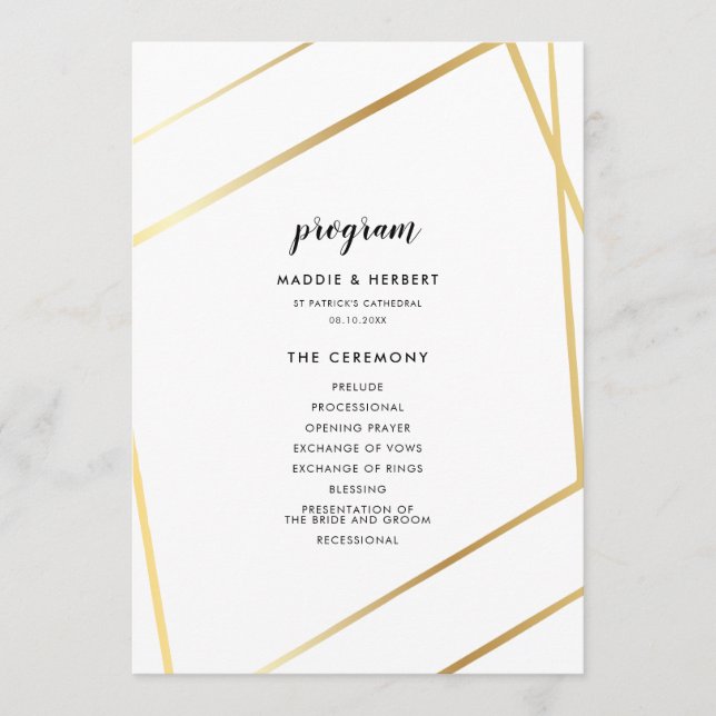 Modern geometric gold frame wedding program (Front)