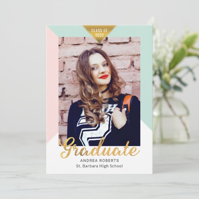 Modern Geometric Gold Look Grad Photo Graduation Announcement (Standing Front)