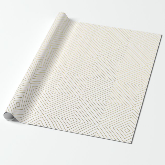 Modern Geometric Gold Squares Pattern on White Col Wrapping Paper (Unrolled)