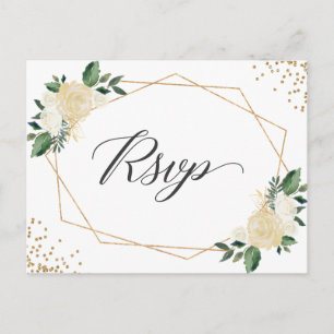 Modern Geometric Green Gold Floral Wedding RSVP Invitation Postcard