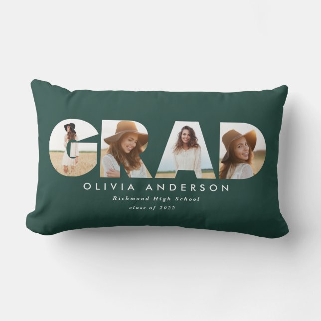 Modern geometric green multi photo graduation lumbar pillow (Front)