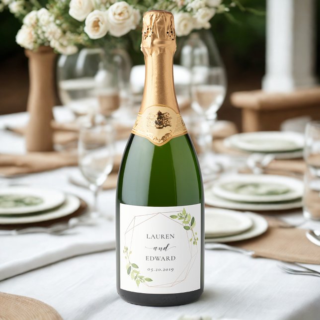 Modern Geometric Greenery Personalized Wedding Sparkling Wine Label (Creator Uploaded)