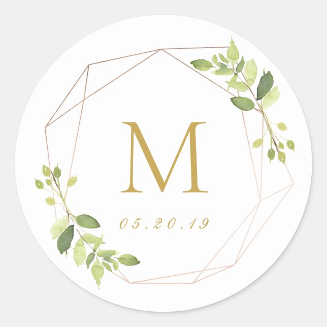 Modern Geometric Greenery Wedding Monogram Classic Round Sticker (Front)