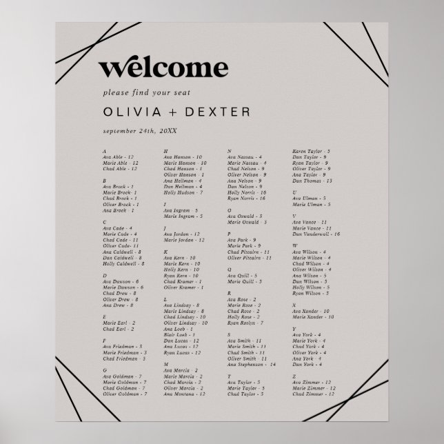 Modern Geometric | Grey Alphabetical Seating Chart (Front)