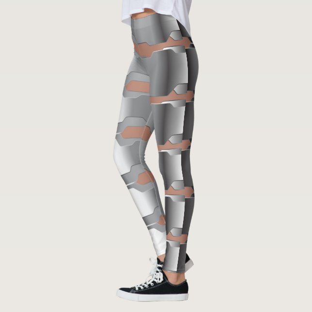 Modern Geometric Grey & Skin Pink Metallic Texture Leggings (Left)