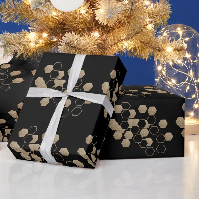 modern geometric hexagon black and gold party wrapping paper (Holidays)