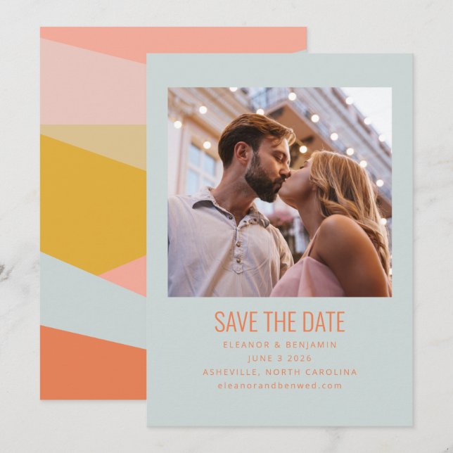 Modern Geometric Light Blue Peach Pastel Photo Save The Date (Front/Back)