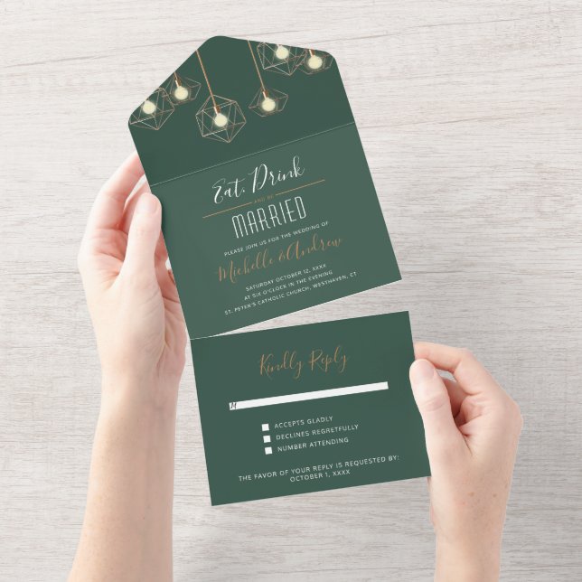 Modern Geometric Lights Dark Green Wedding All In One Invitation (Tearaway)