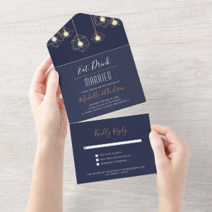 Modern Geometric Lights Navy Blue Wedding All In One Invitation