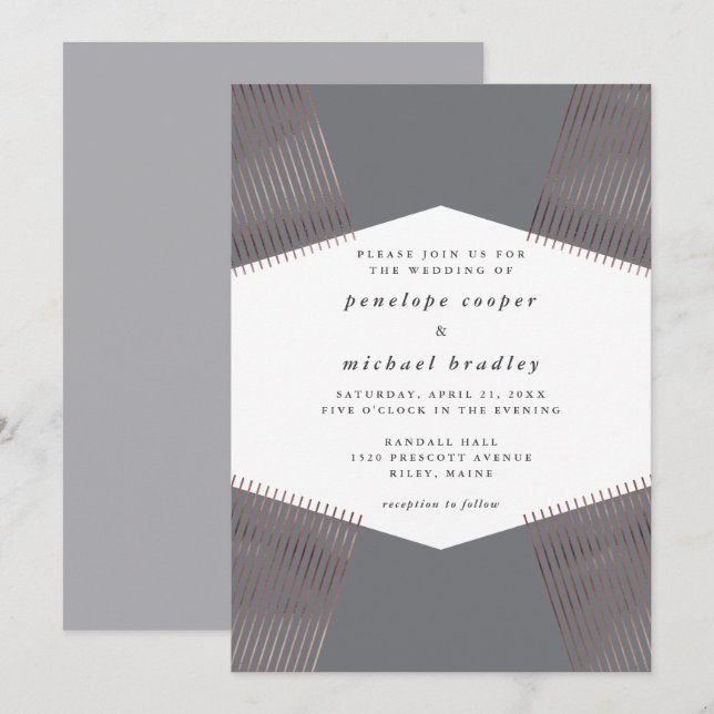 Modern Geometric Lines Grey Wedding Invitation (Front/Back)