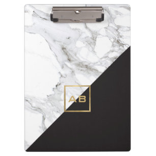 Modern Geometric Marble/Black Monogram Logo Clipboard
