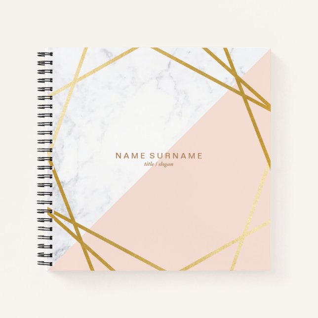 Modern Geometric Marble Gold Lt Pink Square Notebook (Front)