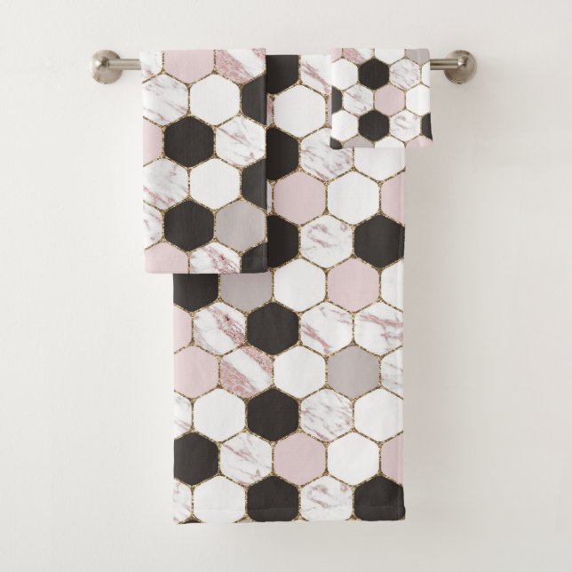 Modern Geometric Marble Hexagon Pattern Bath Towel Set (Insitu)