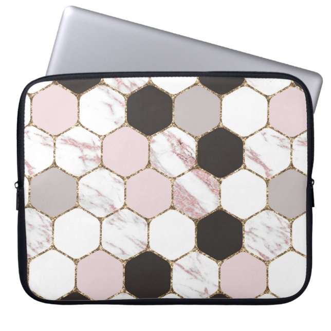 Modern Geometric Marble Hexagon Pattern Laptop Sleeve (Front)