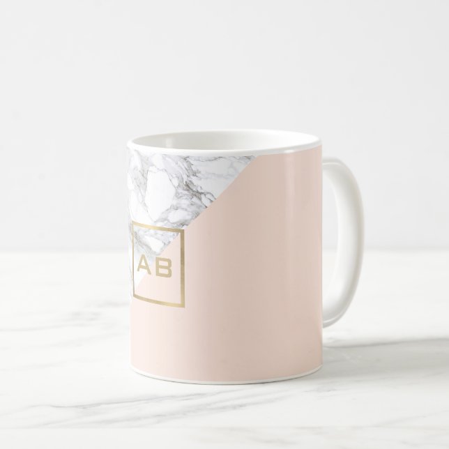 Modern Geometric Marble/Pink Monogram Logo Coffee Mug (Front Right)