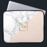Modern Geometric Marble/Pink Monogram Logo Laptop Sleeve<br><div class="desc">A faux gold box featuring your initials becomes a minimalist,  modern logo on this personalized laptop sleeve. The contrasting white marble and soft pink colour block design makes for a stylish aesthetic. Art and design © 1201AM Design Studio | www.1201am.com</div>