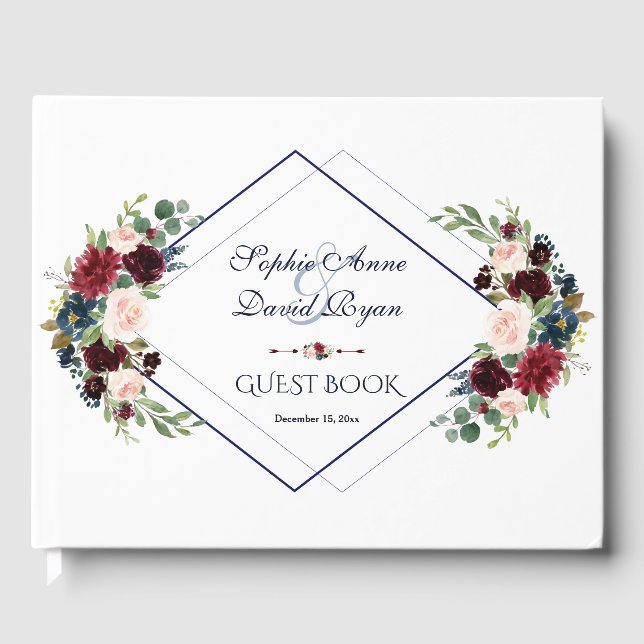 Modern Geometric Merlot Navy Blue Floral Wedding Guest Book (Front)