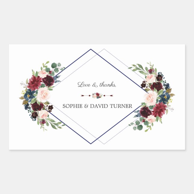 Modern Geometric Merlot Navy Blue Floral Wedding Sticker (Front)