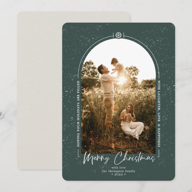 Modern Geometric Merry Christmas Dark Green Photo  Holiday Card (Front/Back)