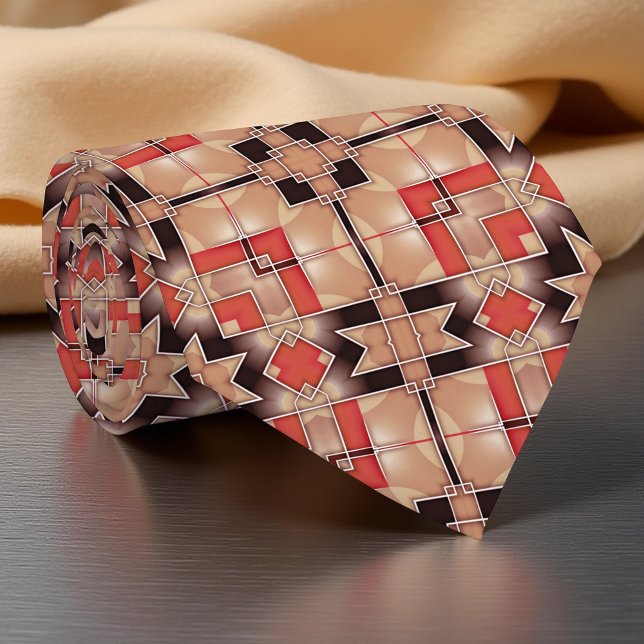 Modern Geometric Mosaic Cream Brown Red Abstract Tie (Creator Uploaded)