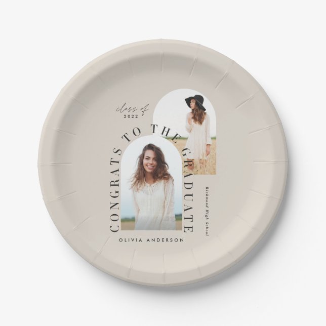 Modern geometric multi photo arch graduation paper plate (Front)