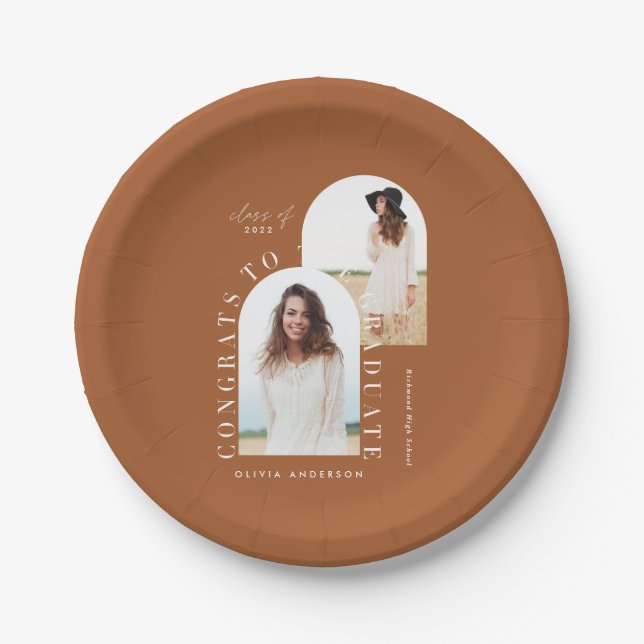 Modern geometric multi photo arch graduation paper plate (Front)