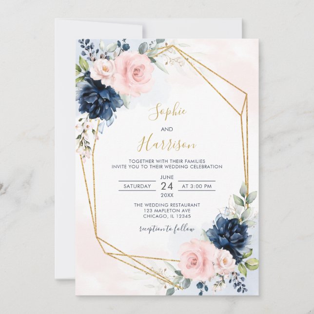  Modern Geometric Navy and Blush Floral Wedding Invitation (Front)