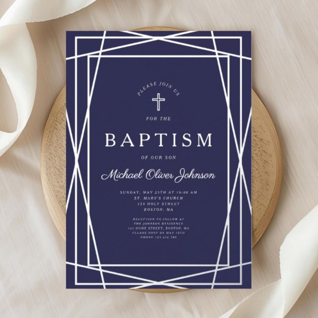 Modern Geometric Navy Blue Boy Baptism Silver (Modern Geometric Navy Blue Boy Baptism Silver Foil Invitation)