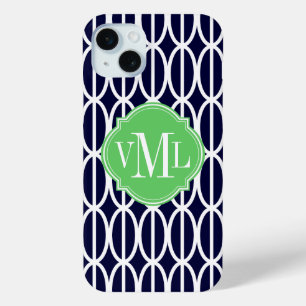 Modern Geometric Navy Blue White Pattern Monogram iPhone 15 Mini Case