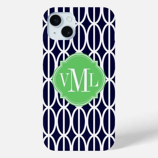 Modern Geometric Navy Blue White Pattern Monogram Case-Mate iPhone Case (Back)