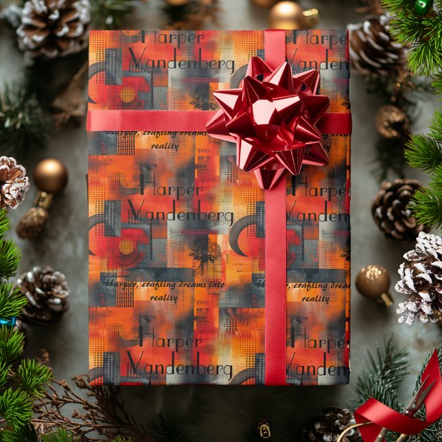 Modern Geometric Orange Hues and Personalized Text Wrapping Paper (Creator Uploaded)