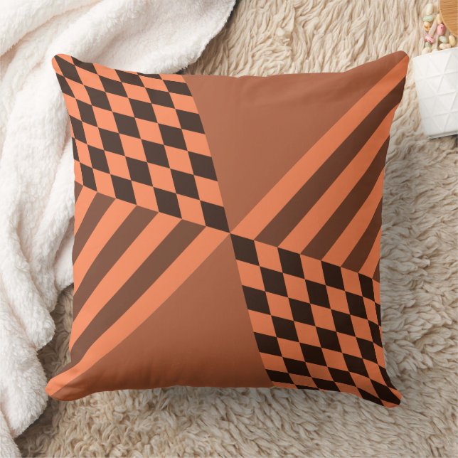 Modern Geometric Orange Stripes Diamond Checkers Throw Pillow (Blanket)