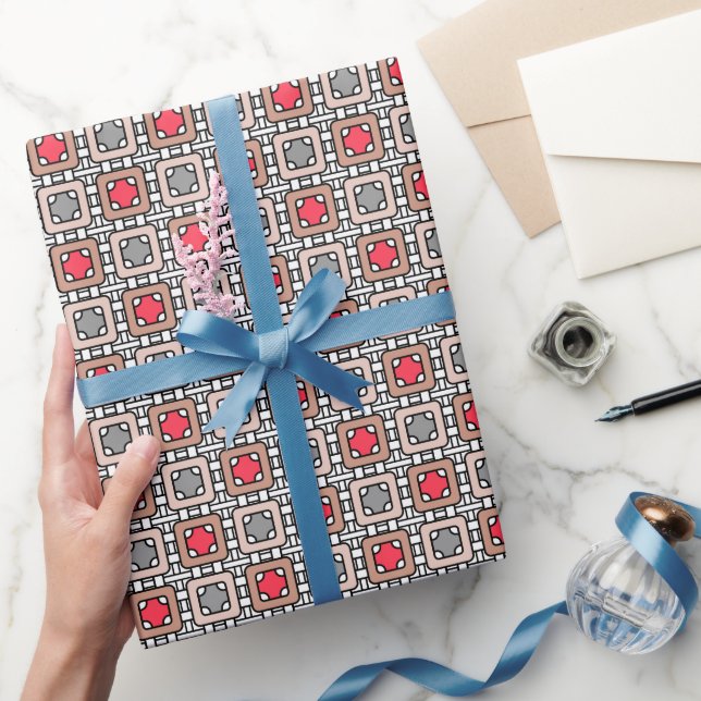 modern geometric pattern art deco grey red, beige  wrapping paper (Gifting)