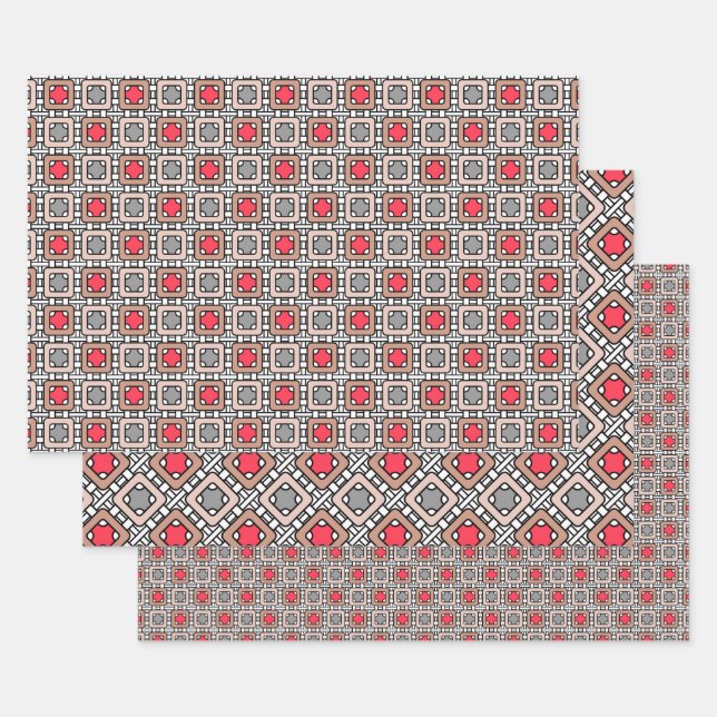 modern geometric pattern art deco grey red, beige  wrapping paper sheet (Set)