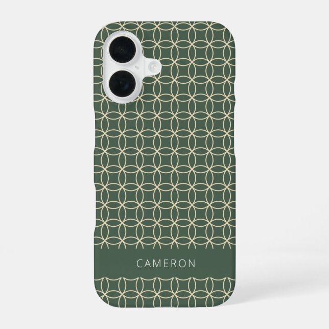 Modern Geometric Pattern Forest Green Personalized iPhone 16 Case (Back)