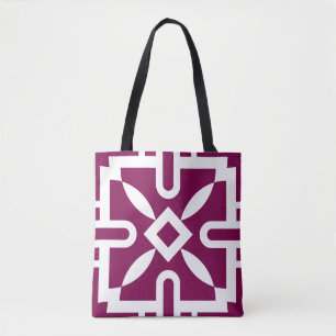 Modern Geometric Pattern Tote Bag - Plum & White 