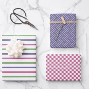 Modern geometric patterns in blue, green, purple wrapping paper sheet
