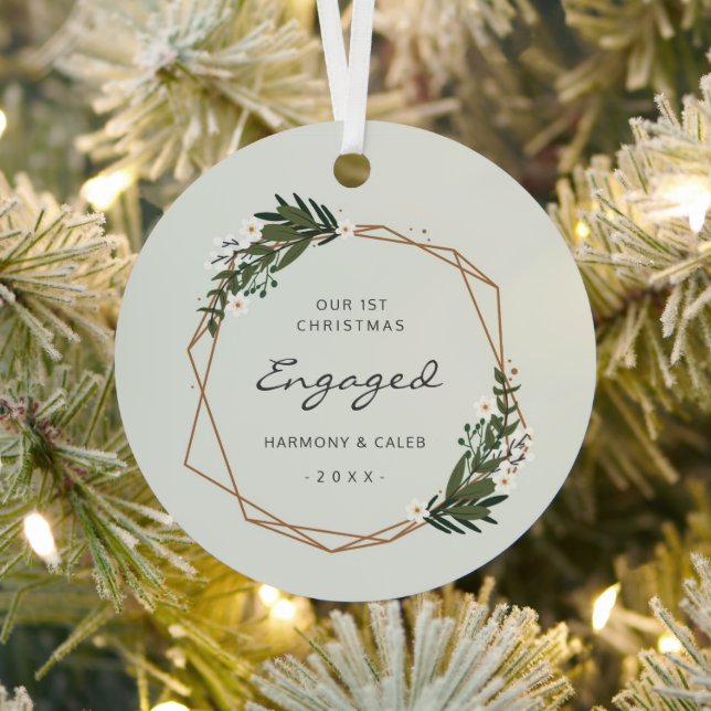 Modern Geometric Photo Our First Christmas Engaged Metal Ornament (Insitu)