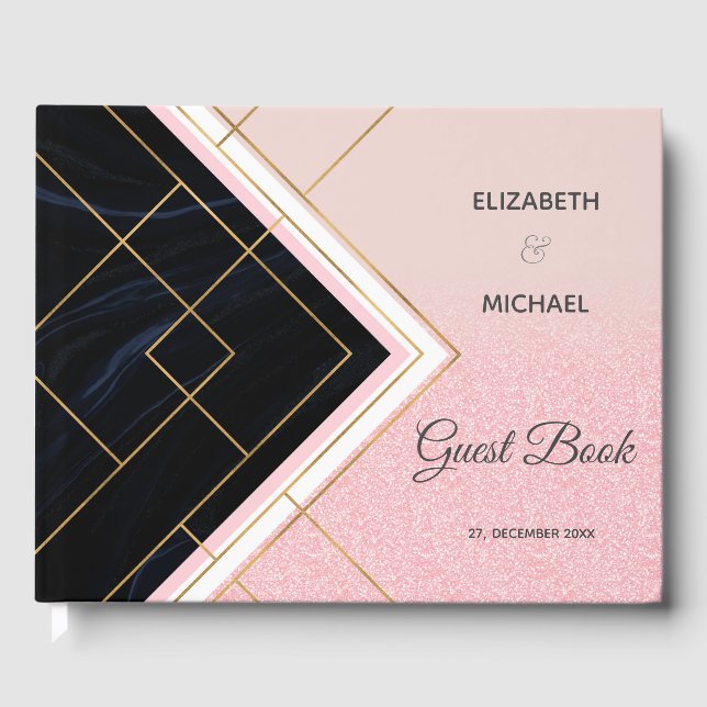 Modern Geometric Pink Gold Strokes Design Guest Book (Front)