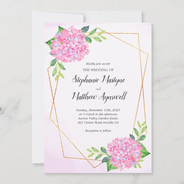 Modern Geometric Pink Hydrangea Wedding Invitation (Front)