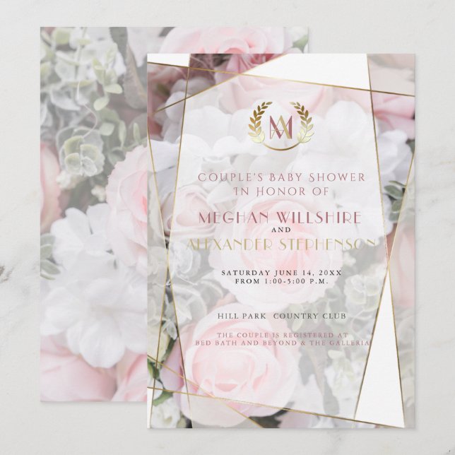 Modern Geometric Pink Roses Couple's Baby Shower Invitation (Front/Back)