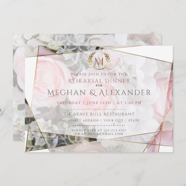 Modern Geometric Pink Roses Rehearsal Dinner Invitation (Front/Back)