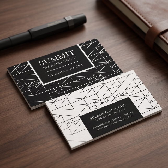 Modern Geometric Professional Design Business Card (Simulated business cards on table)