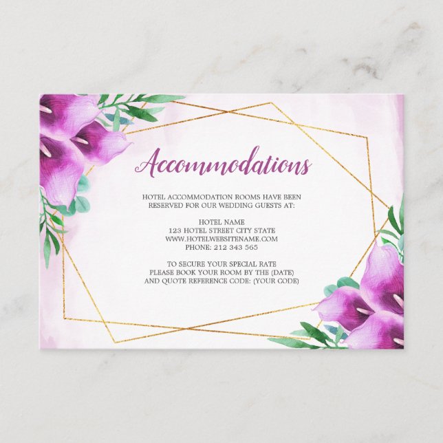 Modern Geometric Purple Calla Lily Accommodations Enclosure Card (Front)