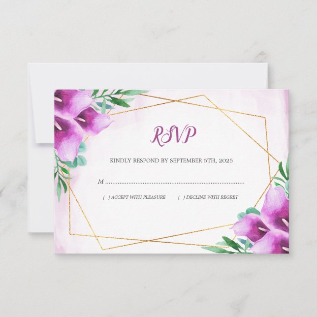 Modern Geometric Purple Calla Lily Floral Wedding RSVP Card (Front)
