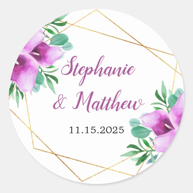 Modern Geometric Purple Calla Lily Wedding Classic Round Sticker (Front)