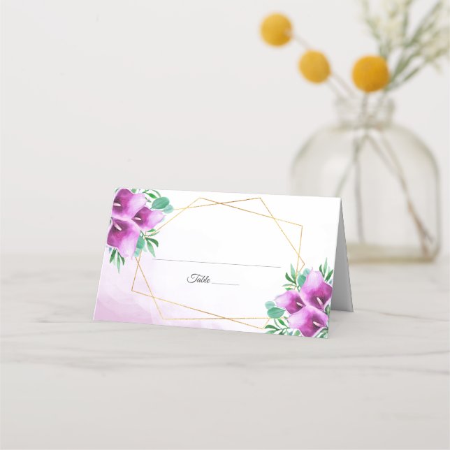 Modern Geometric Purple Calla Lily Wedding Place Card (Front)