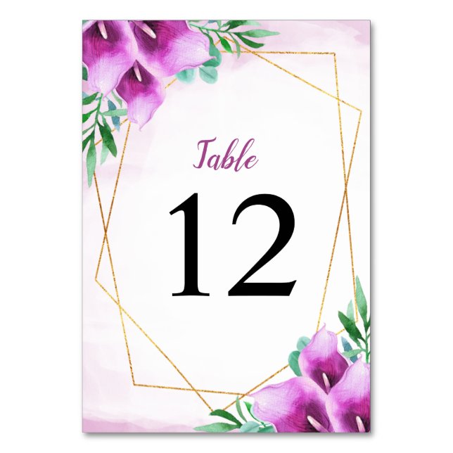 Modern Geometric Purple Calla Lily Wedding Table Number (Front)