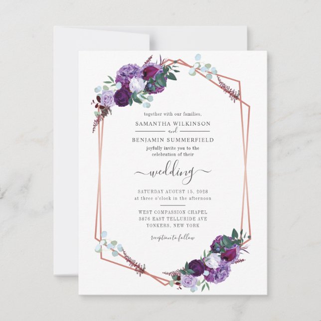 Modern Geometric Purple Floral Greenery Wedding Invitation (Front)